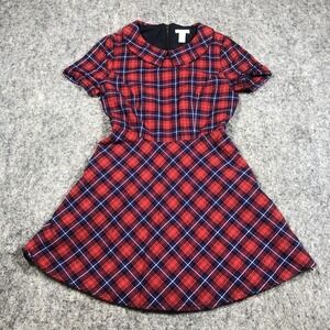 Forever 21 Fit & Flare Dress Womens S Red Plaid Puff Sleeve Collared Mini